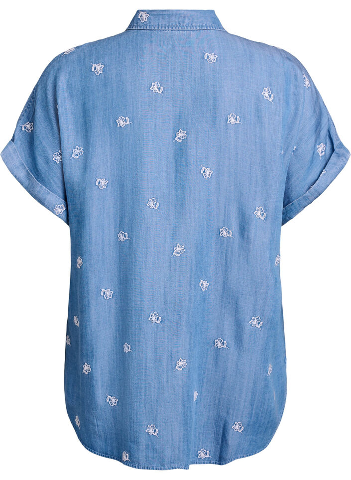 Chemise en lyocell aspect denim avec broderies florales, Bleu Clair, Packshot image number 1