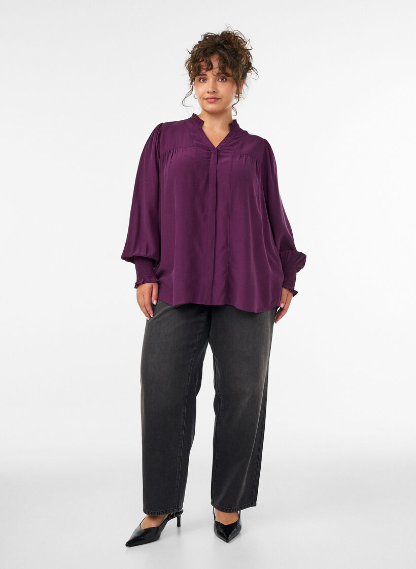 Blouse avec col &agrave; volants et fronces, Violet, Model image number 1