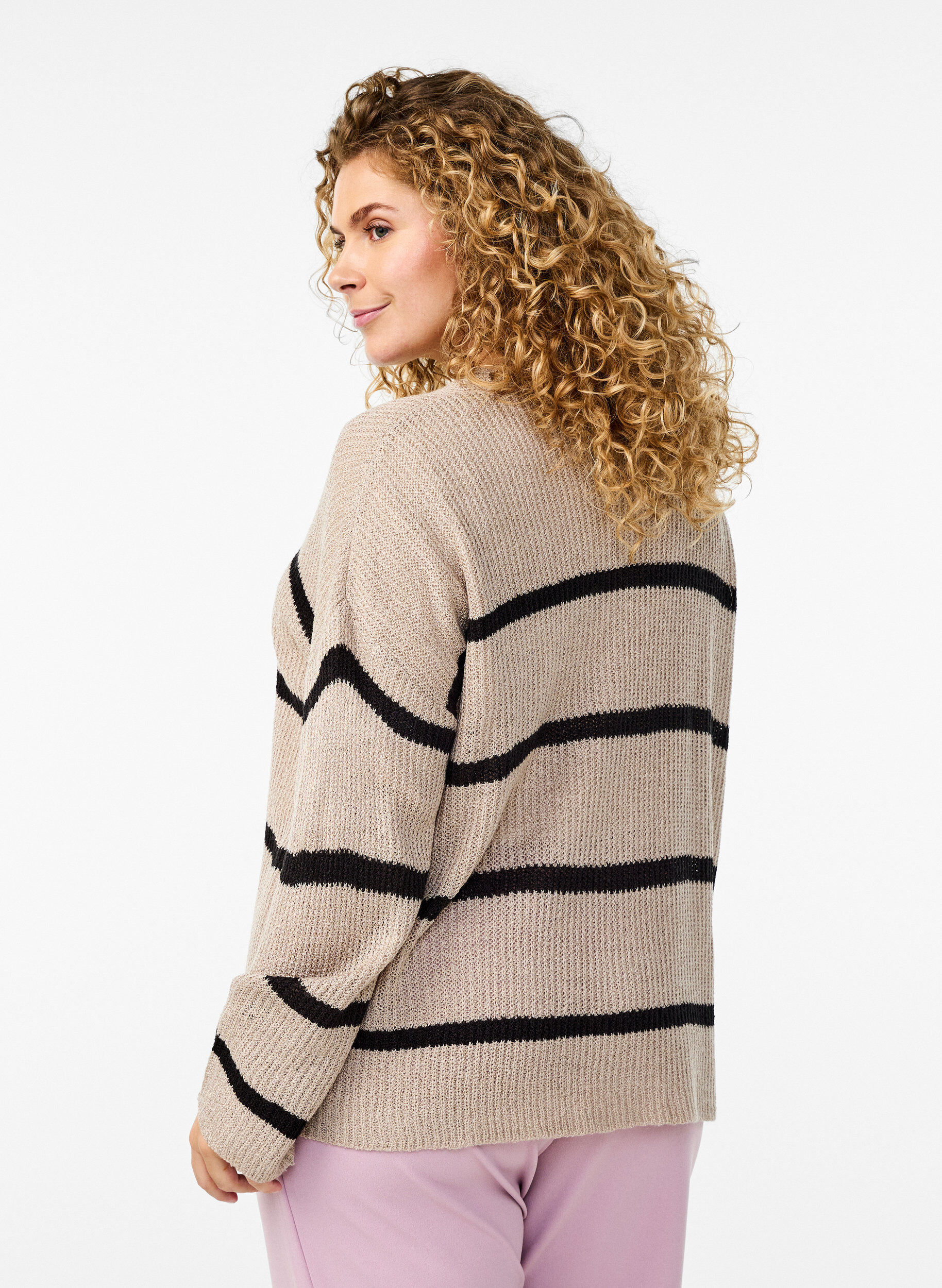 Zizzi FLASH - Cardigan en tricot avec rayures et boutons, Beige, Model image number 2