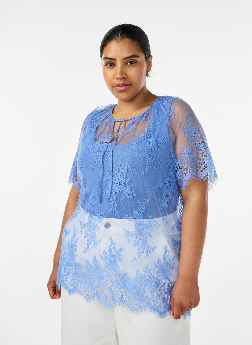 Blouse en dentelle &agrave; manches courtes avec lien &agrave; nouer, Mauve, Model image number 0