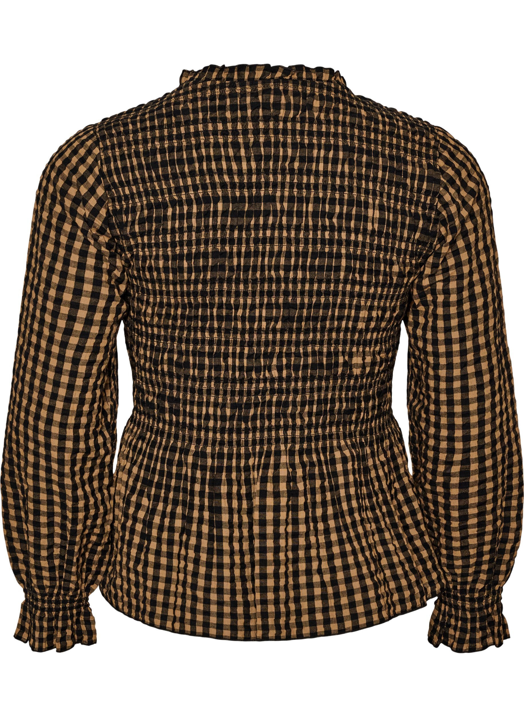 ZizziBlouse &agrave; carreaux avec smocks et basque, Marron, Packshot image number 1