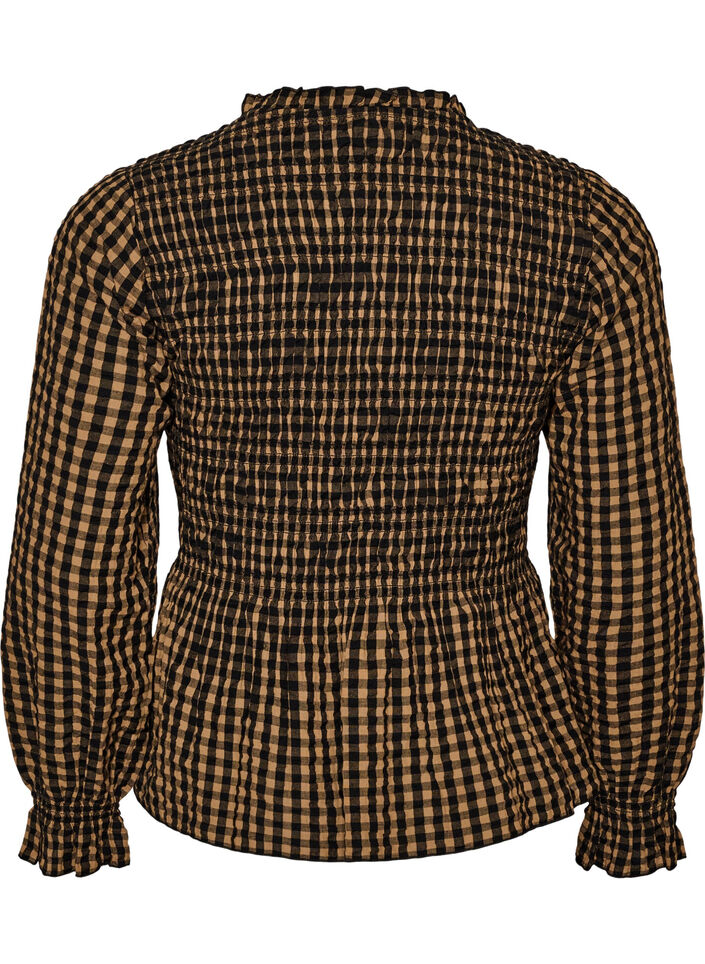 Blouse &agrave; carreaux avec smocks et basque, Marron, Packshot image number 1