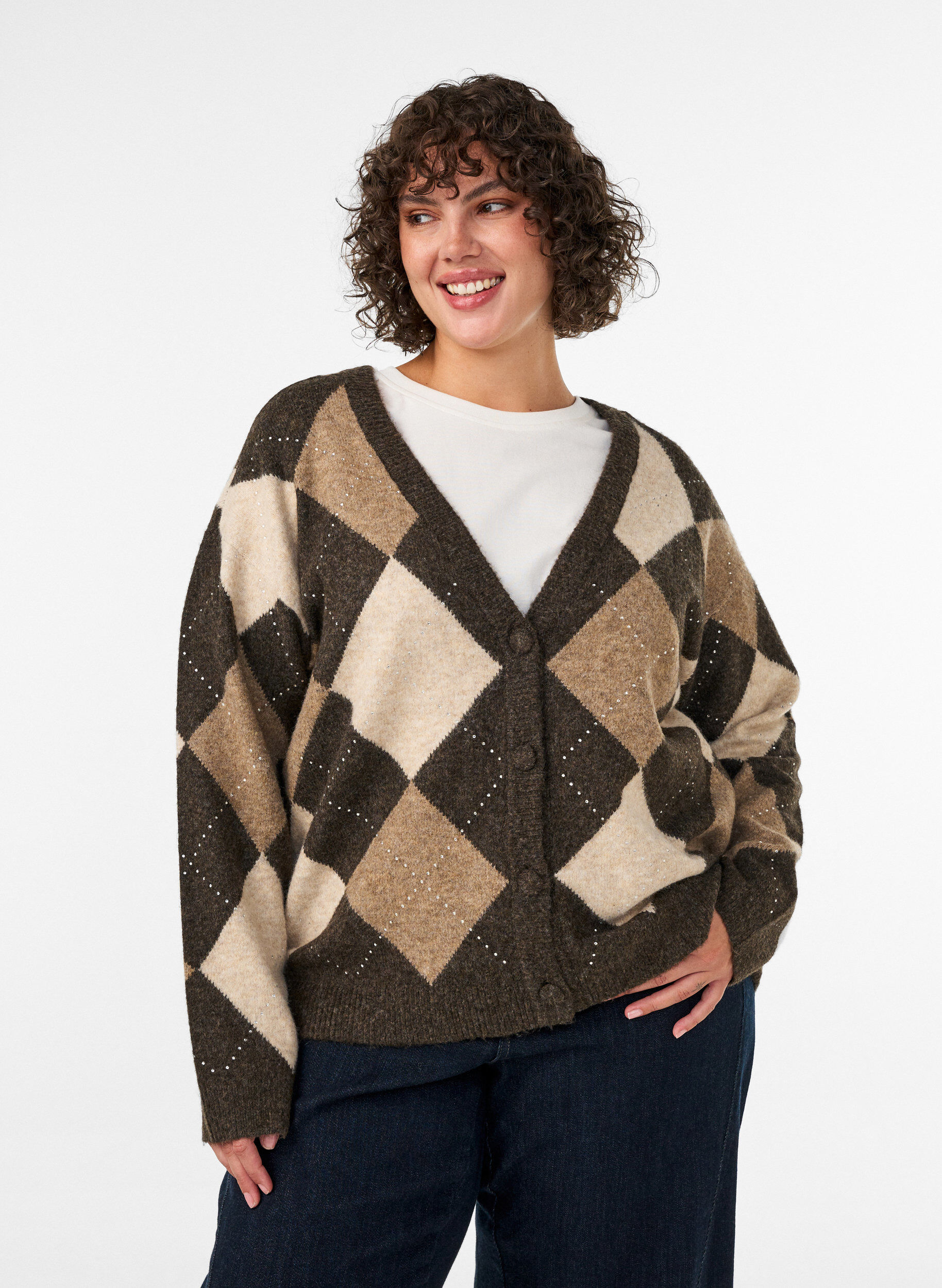 ZizziCardigan argyle avec strass, Marron, Model image number 0