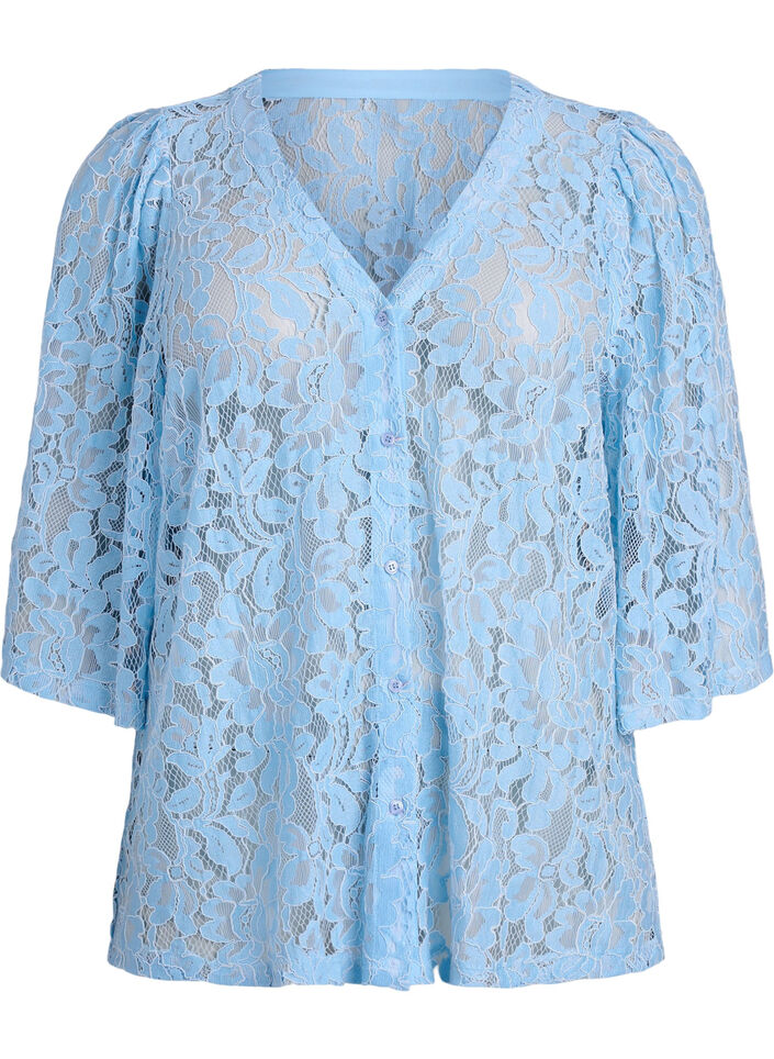 Blouse en dentelle &agrave; manches courtes et col V, Bleu, Packshot image number 0