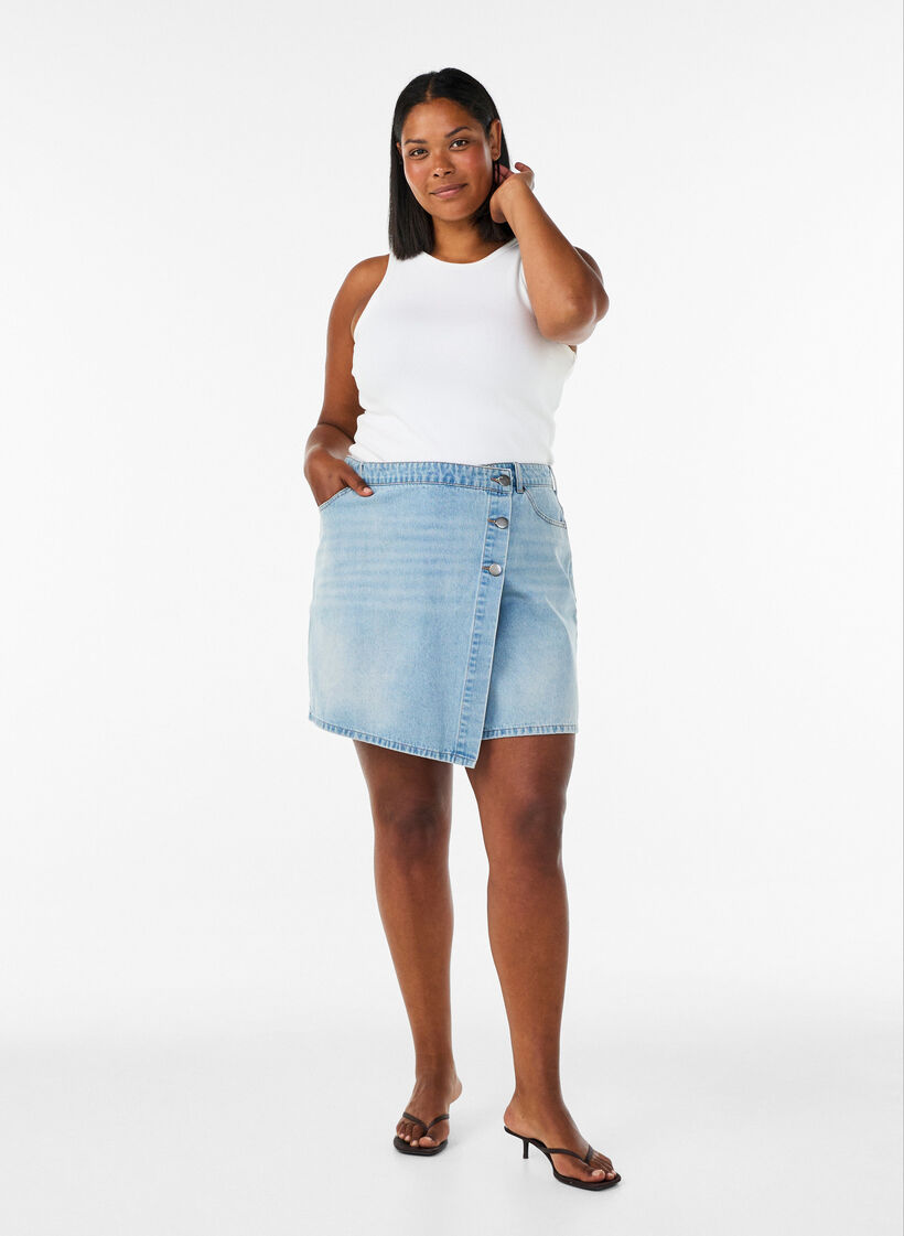 Short en denim effet portefeuille et taille haute, Bleu Clair, Model image number 1