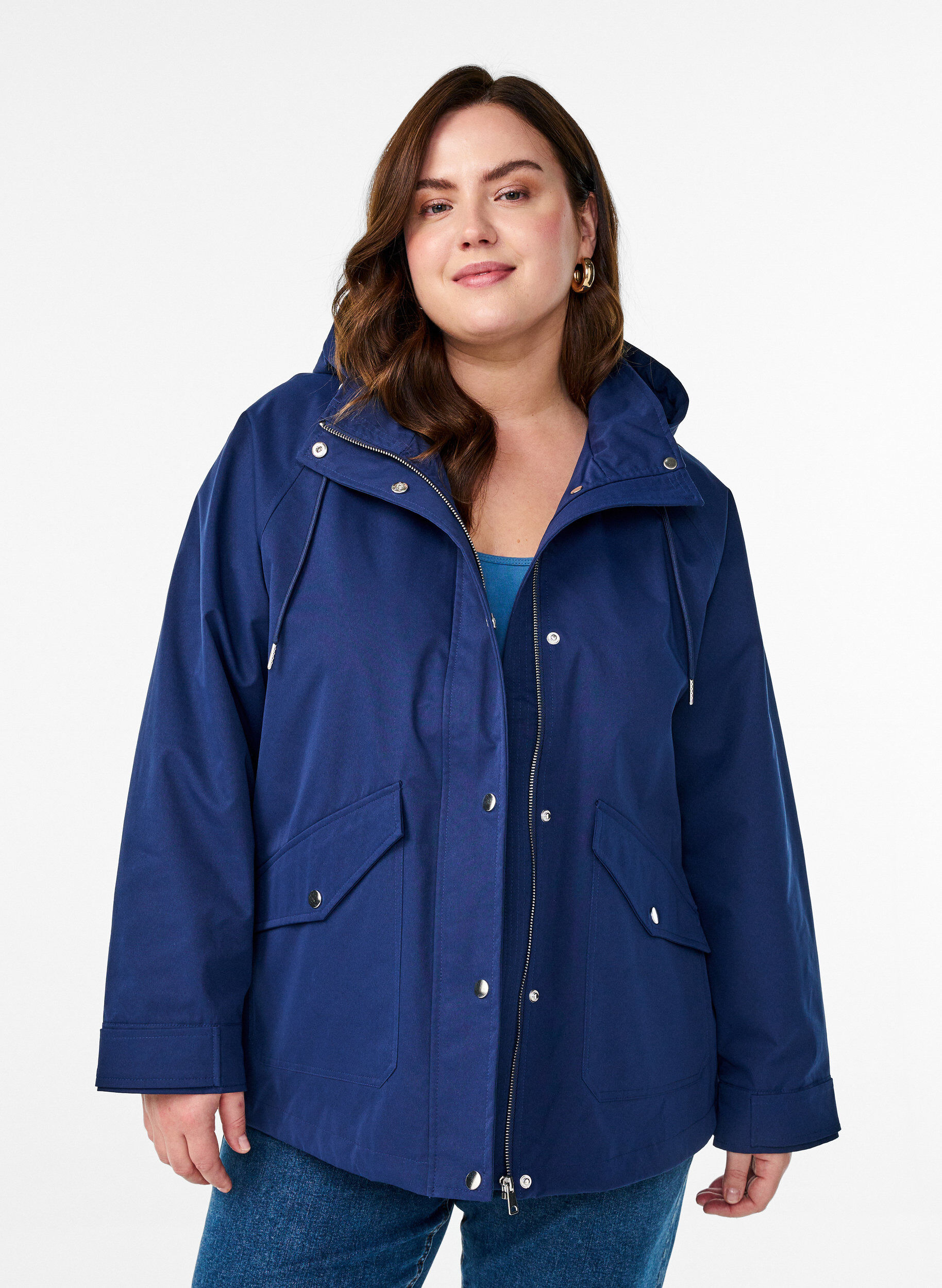 Veste courte de printemps avec capuche amovible, Bleu, Model