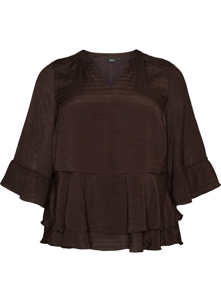 Blouse &agrave; manches 3/4 et volants, Marron, Packshot image number 0