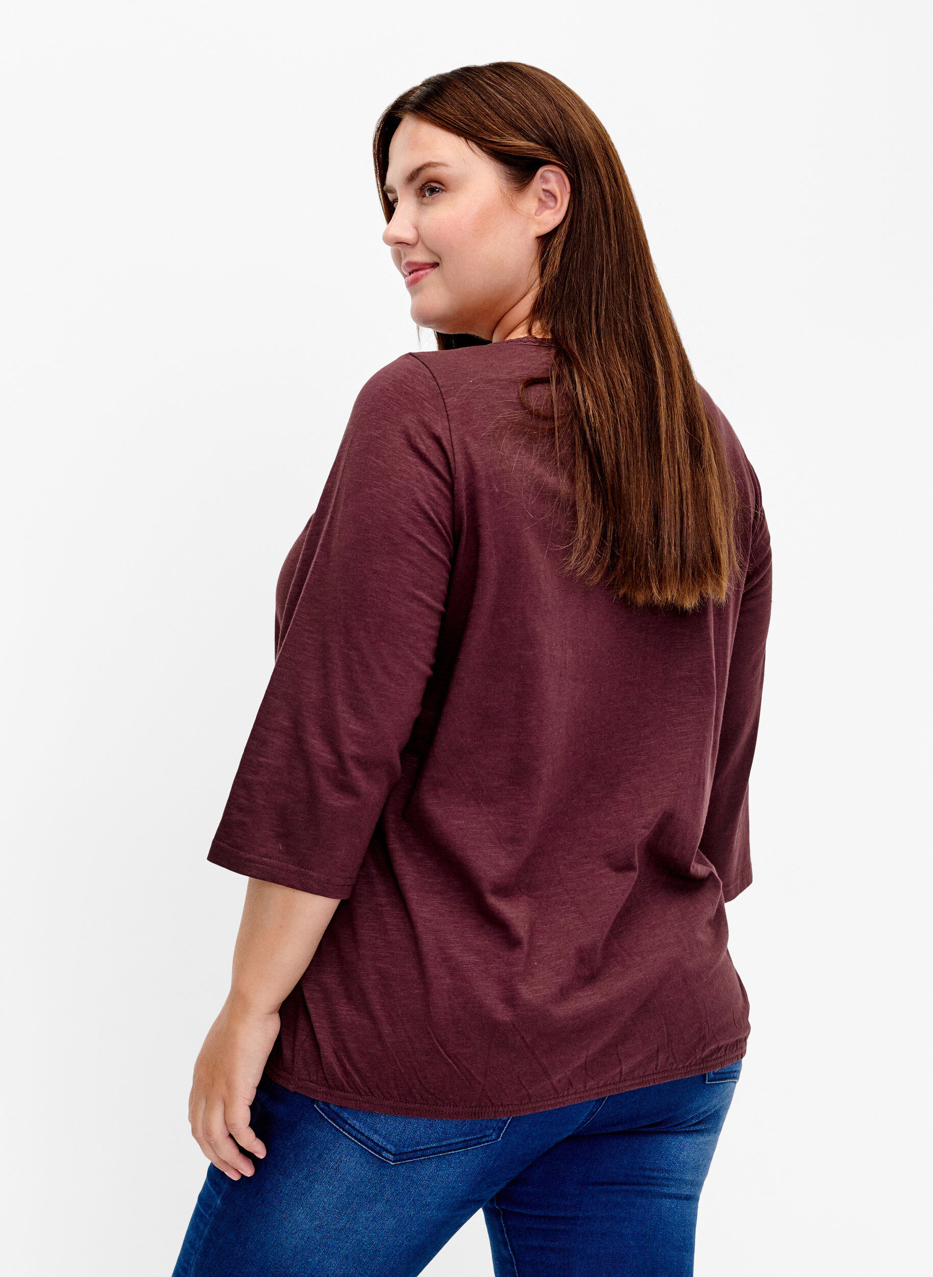 Zizzi Blouse en coton &agrave; manches 3/4, Fudge, Model image number 1