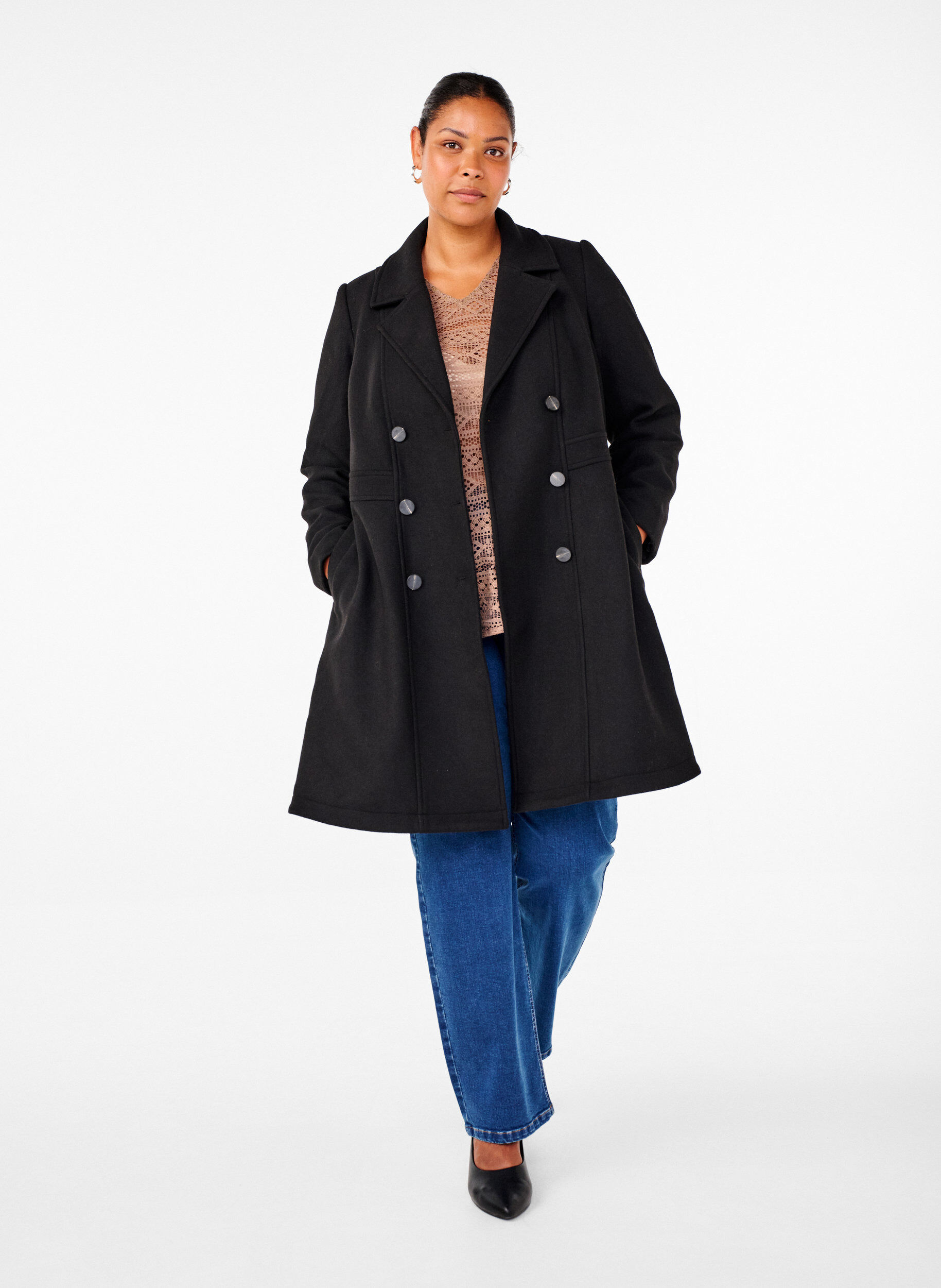 Zizzi Manteau en laine coupe A avec poches, Noir, Model image number 1