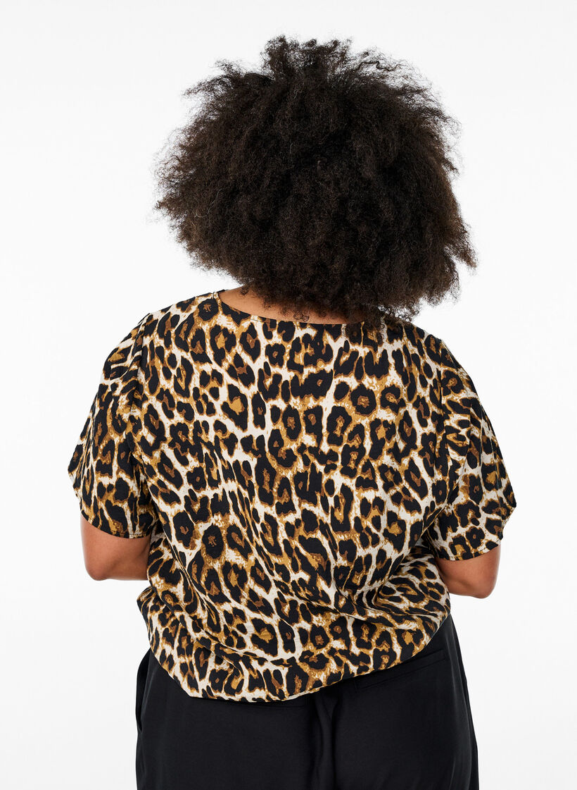 Chemisier en viscose à manches courtes avec bordure en dentelle, Marron, Model image number 2