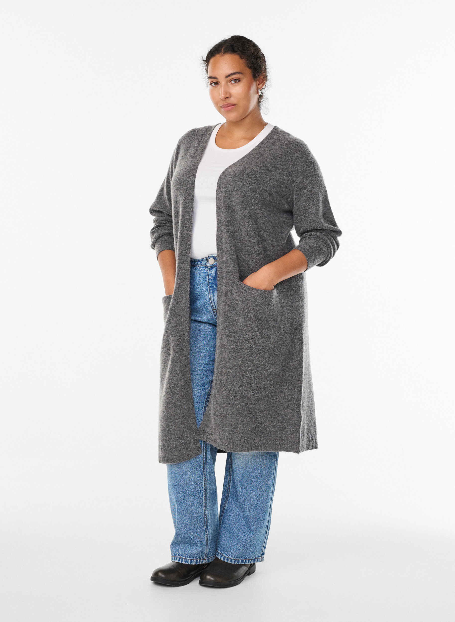 Zizzi Cardigan long en laine et alpaga, Gris anthracite, Model image number 1
