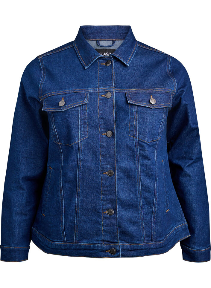 Veste en jean en m&eacute;lange de coton extensible, Bleu, Packshot image number 0