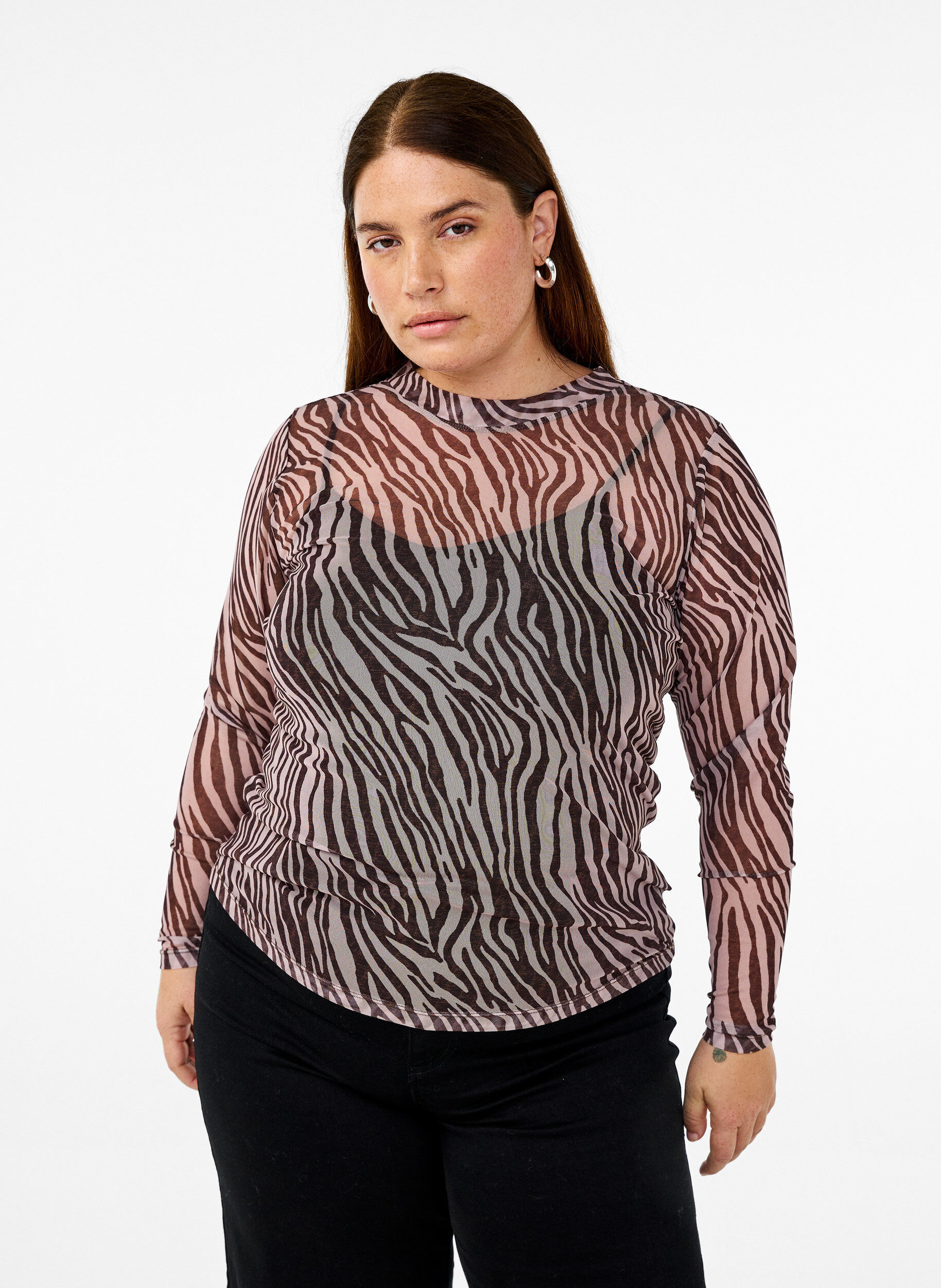 ZizziHaut en maille avec imprim&eacute; z&egrave;bre, Noir, Model image number 0
