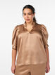 Blouse satin&eacute;e avec manches courtes et col &agrave; volants, Marron, Model image number 0