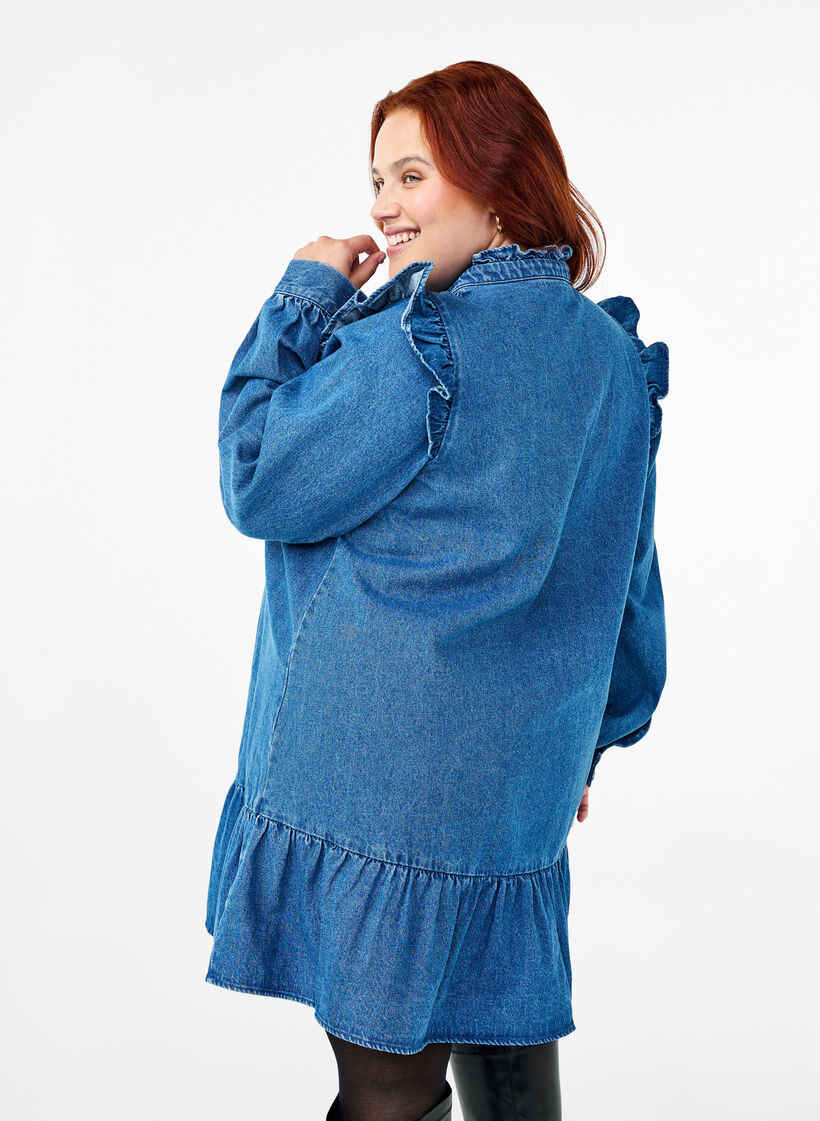 Robe en jean à volants et coupe en A, Blue Denim, Model image number 1