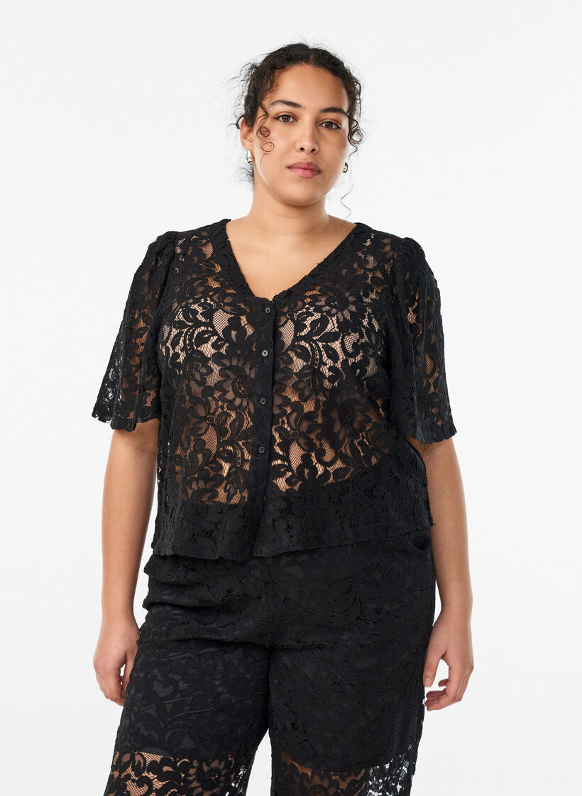 Blouse en dentelle &agrave; manches courtes et col V, Noir, Model image number 0