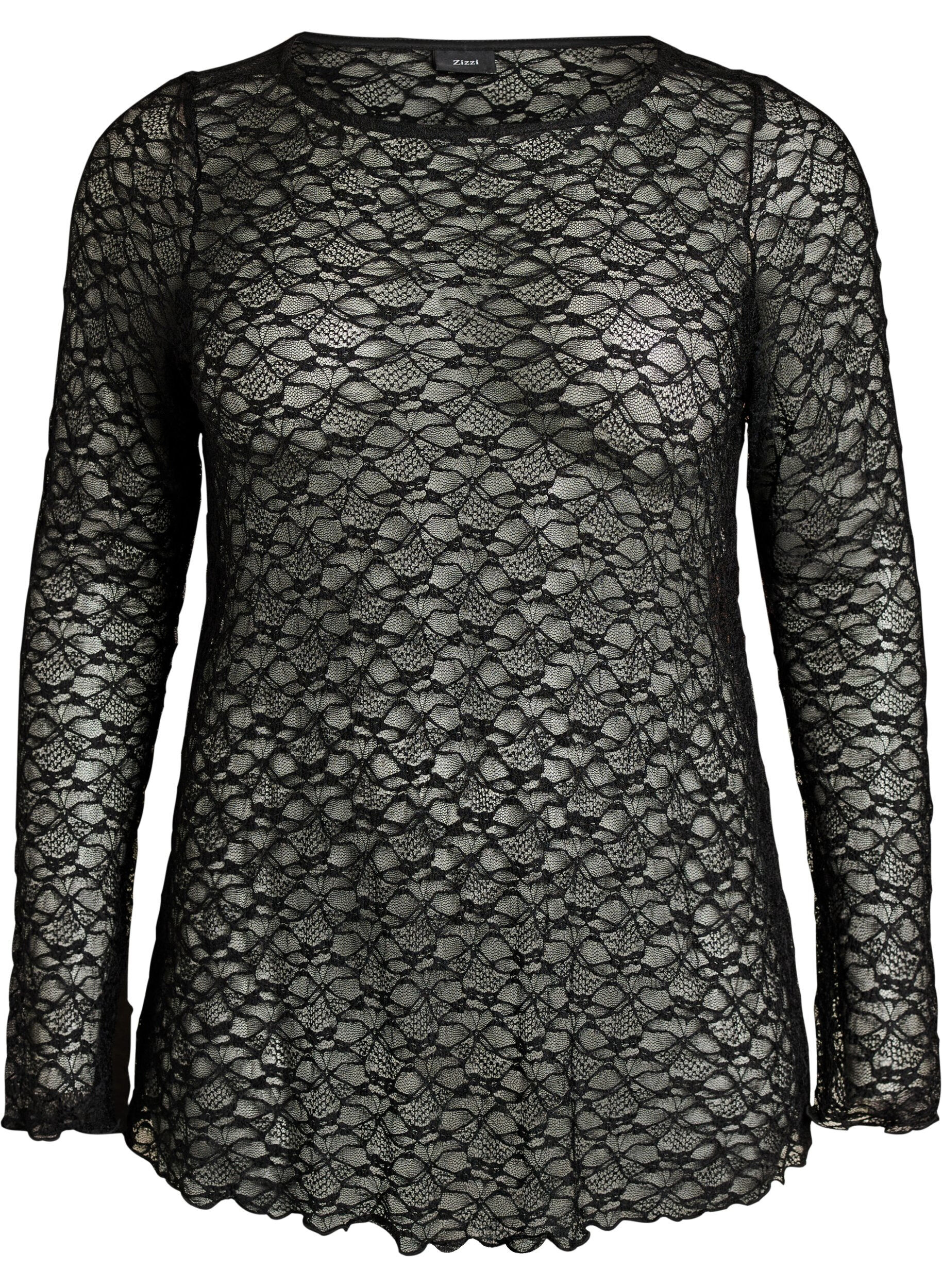 ZizziBlouse en dentelle transparente avec manches longues, Noir, Packshot image number 0