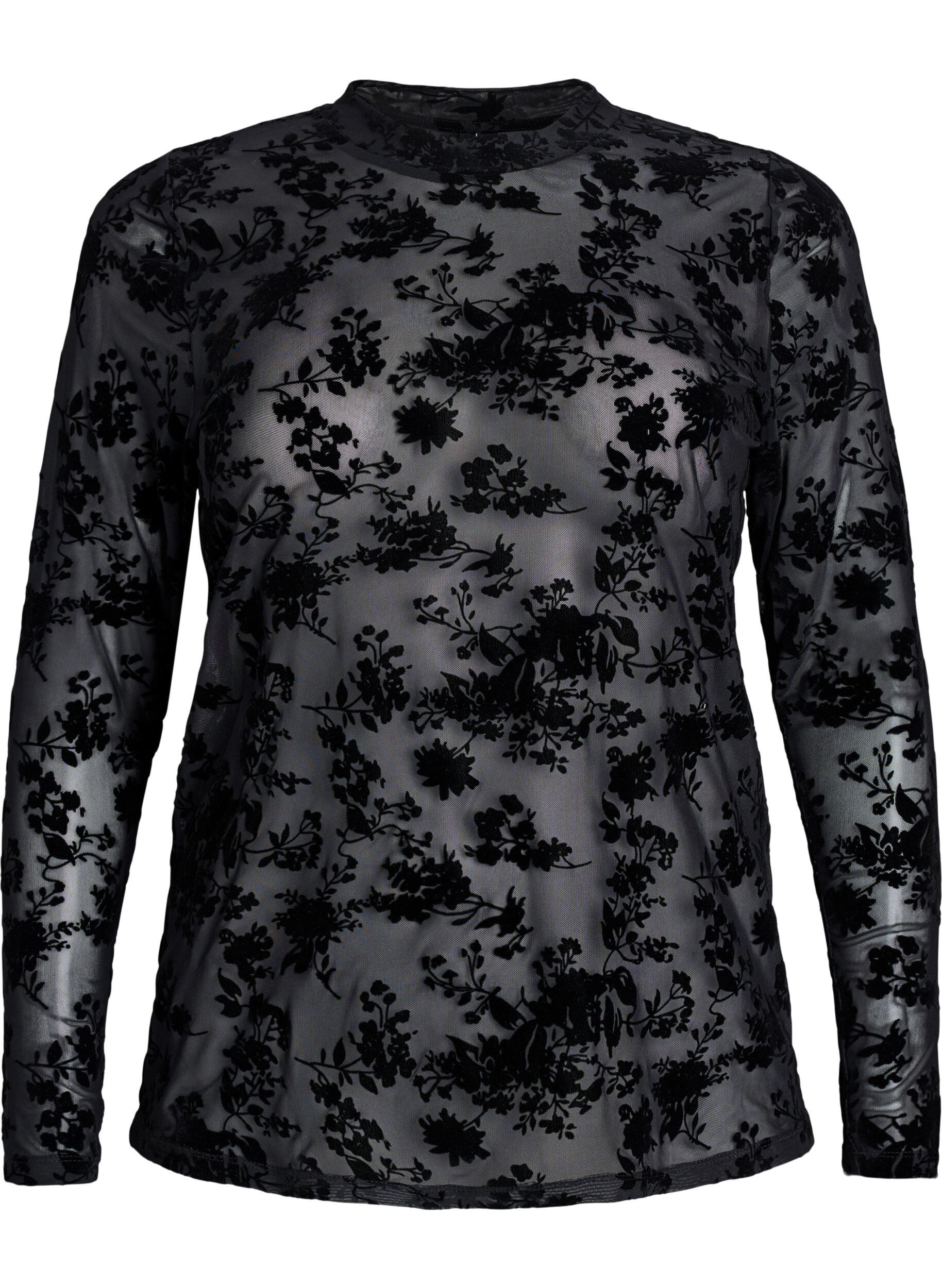 ZizziBlouse en maille &agrave; motif floral, Noir, Packshot image number 0