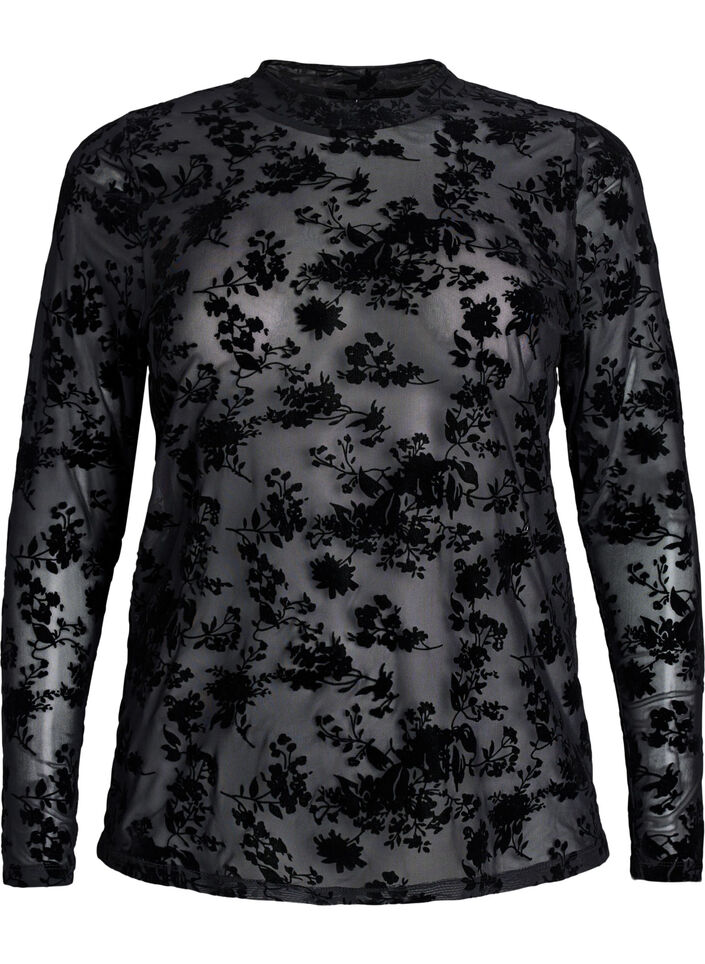 Blouse en maille &agrave; motif floral, Noir, Packshot image number 0