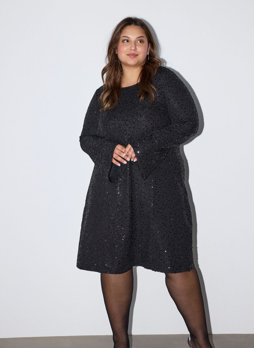 Robe courte en sequins &agrave; la coupe trap&egrave;ze, Noir, Model image number 3