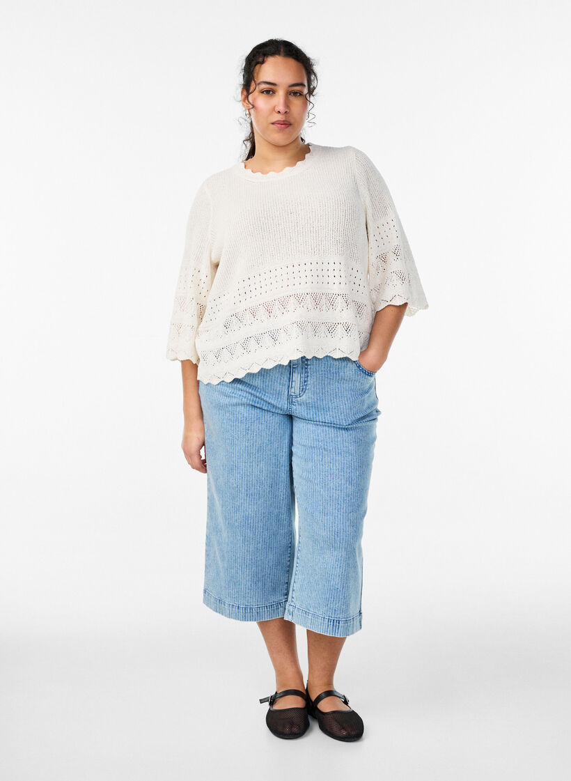 Blouse en maille avec broderie ajour&eacute;e et manches mi-longues, Vanille, Model image number 1