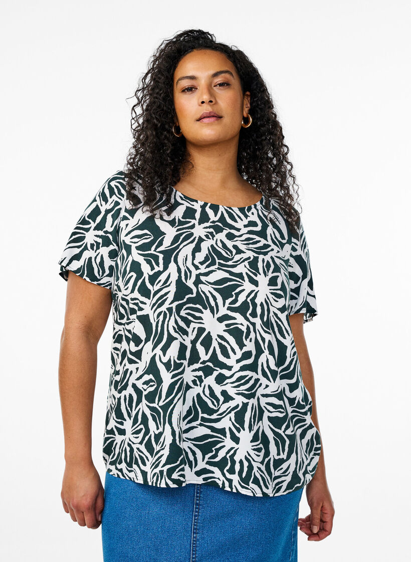 Chemisier &agrave; manches courtes en viscose avec imprim&eacute;, Vert fonc&eacute;, Model image number 0