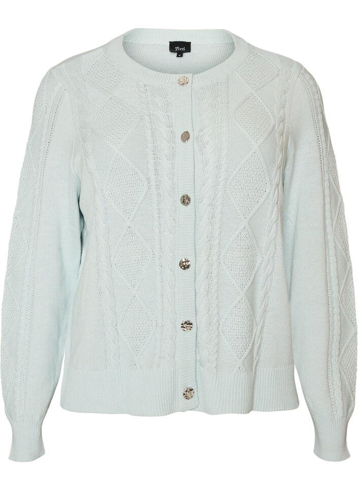 Cardigan en maille torsad&eacute;e avec boutons d&eacute;coratifs, Bleu Clair, Packshot image number 0