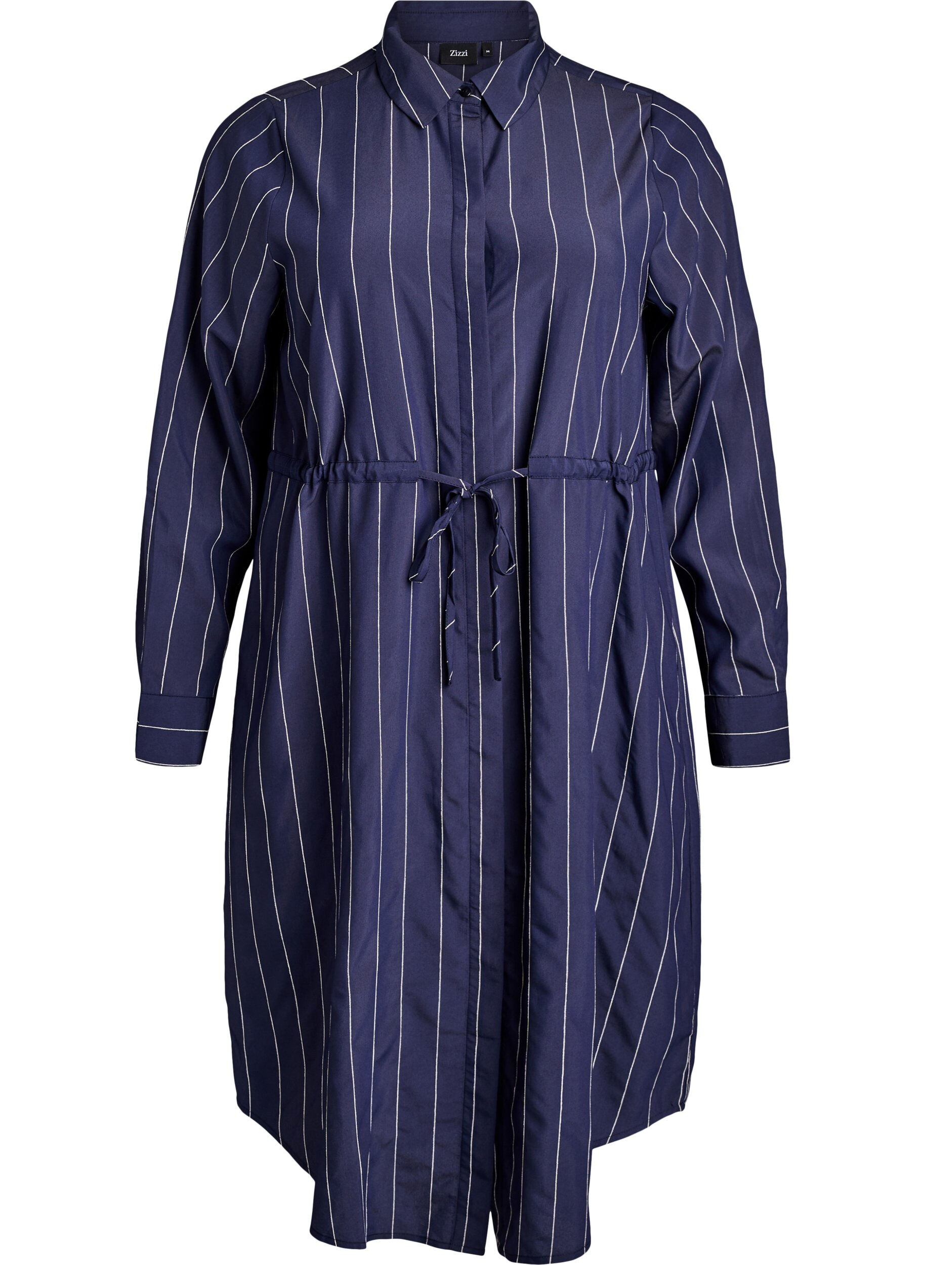 Chemise longue &agrave; fines rayures avec ceinture &agrave; nouer