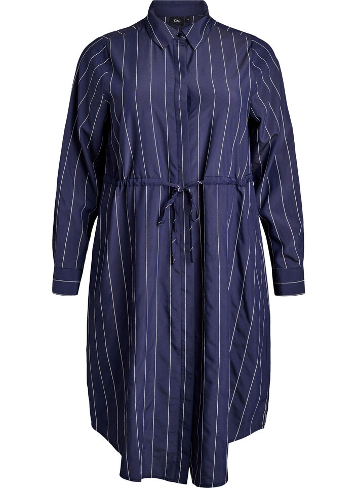 Chemise longue &agrave; fines rayures avec ceinture &agrave; nouer, Bleu, Packshot image number 0