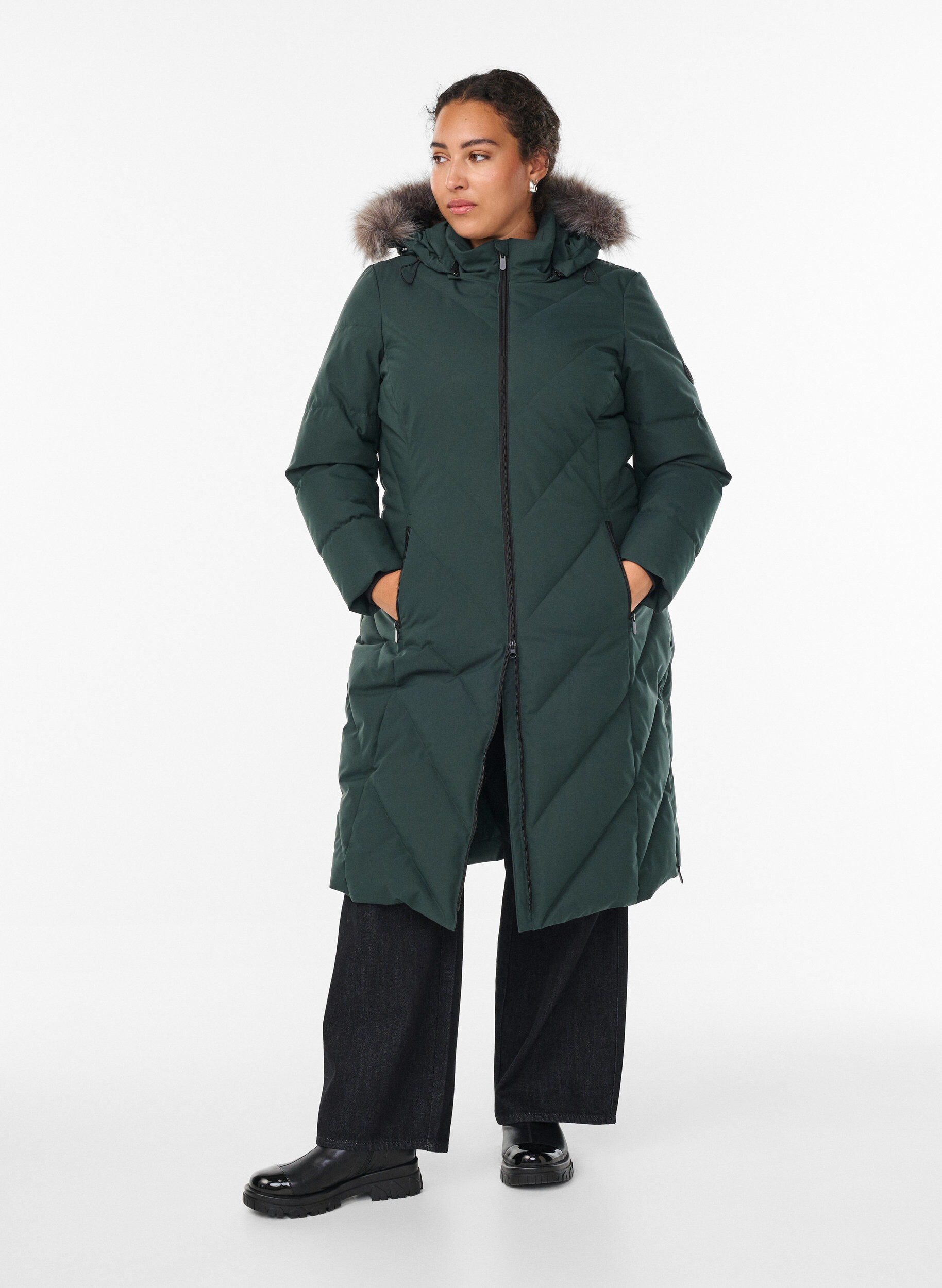 ZizziLong manteau d'hiver &agrave; fermeture &agrave; attaches et col en fausse fourrure, Vert fonc&eacute;, Model image number 1
