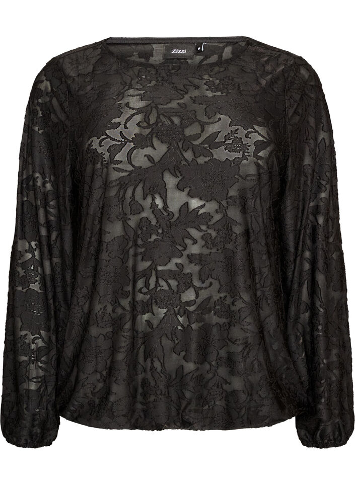 Blouse transparente avec texture florale et manches longues, Noir, Packshot image number 0