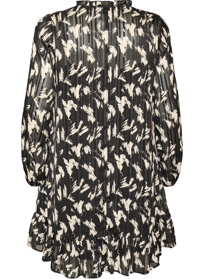 Robe &agrave; motifs avec volants et manches longues, Noir, Packshot image number 1