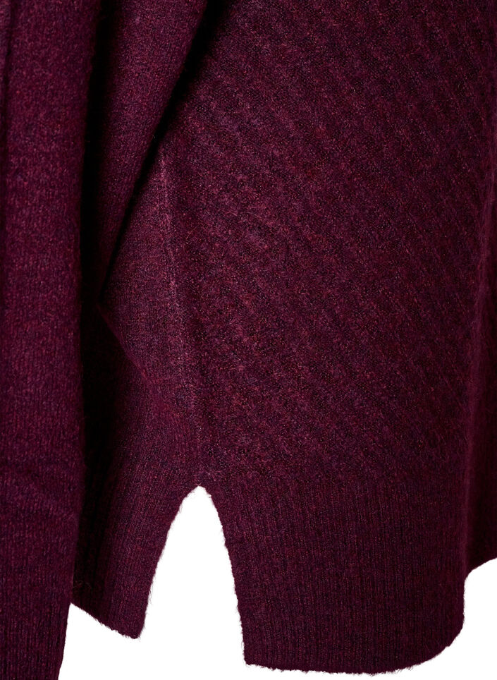 Blouse en maille avec motif c&ocirc;tel&eacute; en V et fentes, Bordeaux, Packshot image number 3