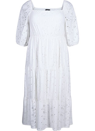 Robe longue avec un motif en dentelle et une encolure carrée, Bright White, Packshot image number 0