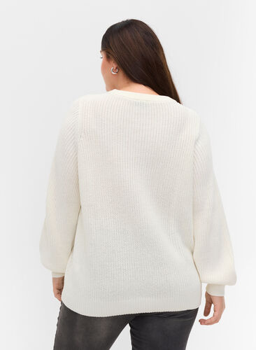 Pull en tricot à manches longues avec un motif de trous, Cloud Dancer Mel., Model image number 1