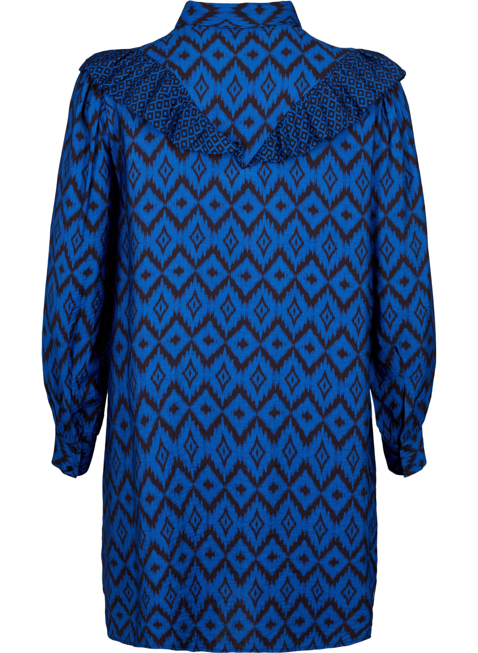 Zizzi Chemise longue en viscose avec imprim&eacute; et volants, True blue w. Black, Packshot image number 1