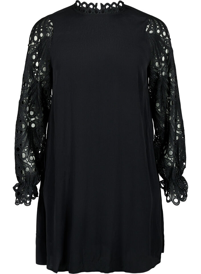 Robe en viscose avec manches en crochet, Black, Packshot image number 0