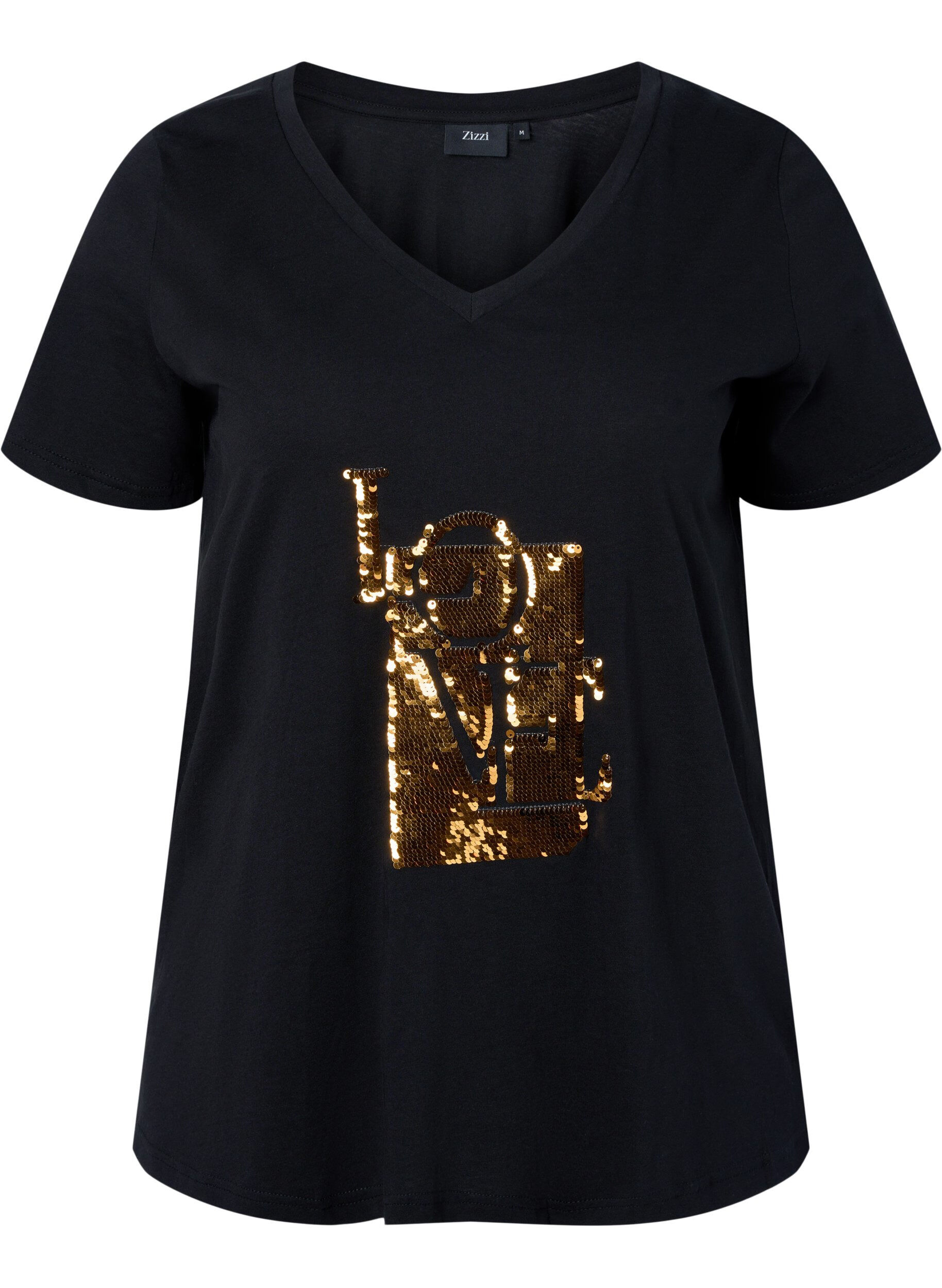 Zizzi T-shirt &agrave; paillettes en coton, Black w. Love, Packshot image number 0