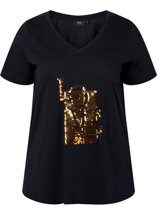 T-shirt à paillettes en coton, Black w. Love, Packshot image number 0