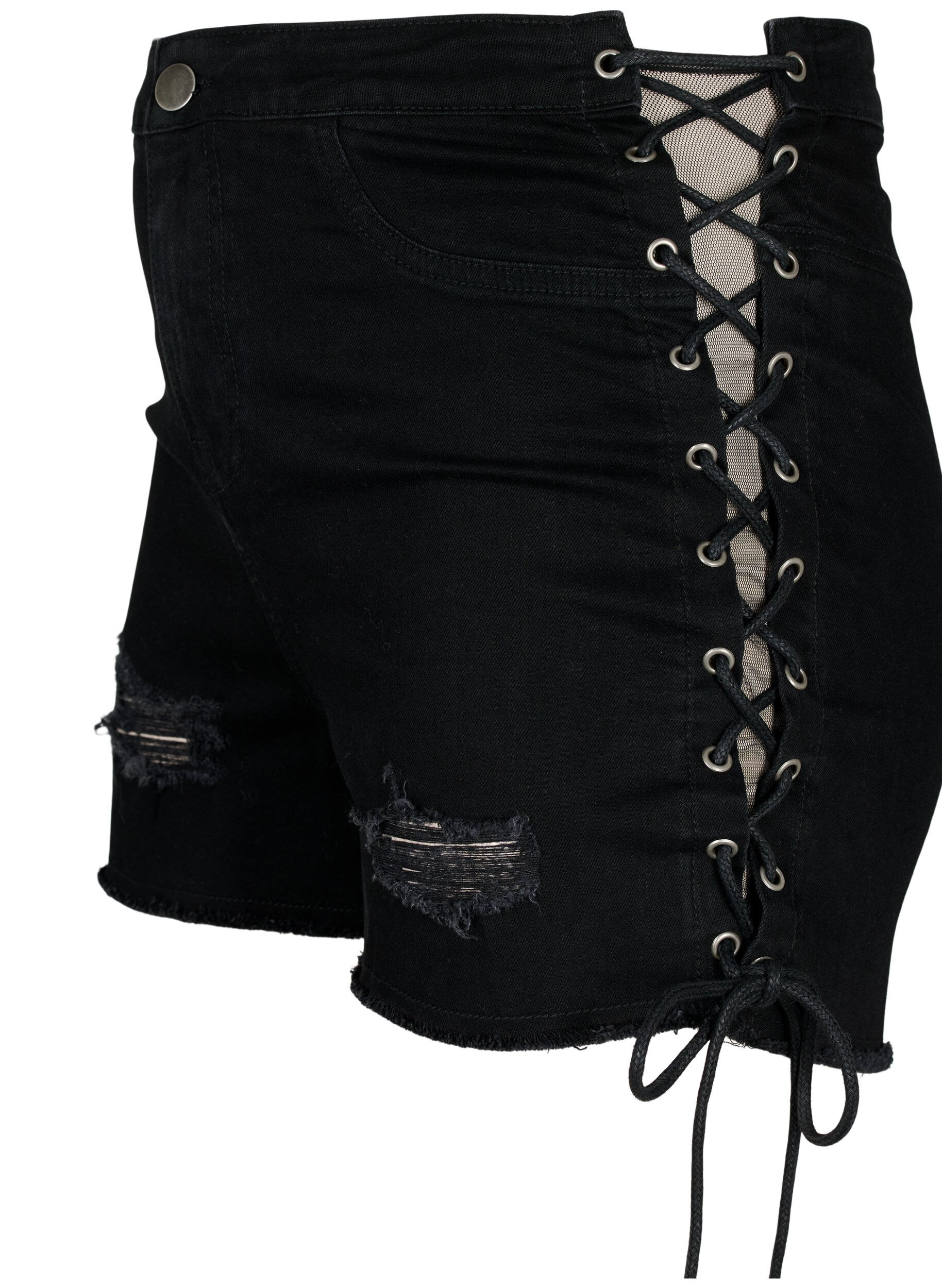 Zizzi Short en denim d&eacute;chir&eacute; avec cordon de serrage, Black Denim, Packshot image number 2