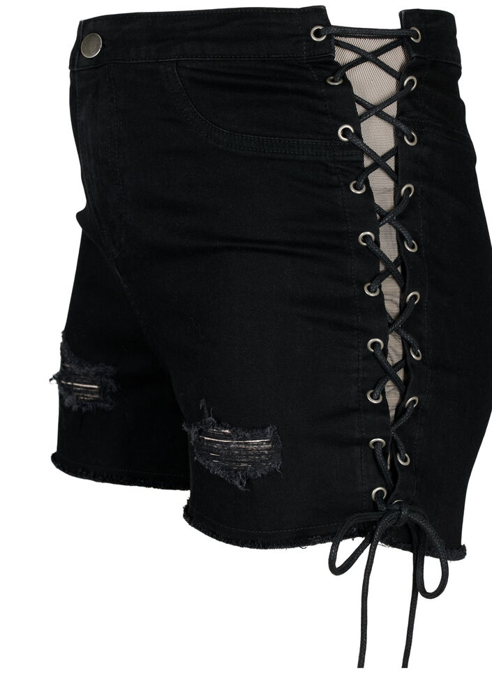 Short en denim déchiré avec cordon de serrage, Black Denim, Packshot image number 2