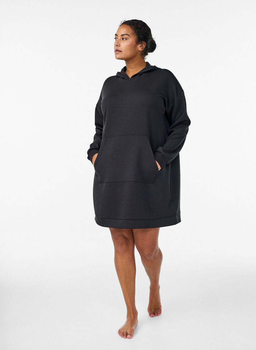Robe sweat courte &agrave; capuche avec poche kangourou, Noir, Model image number 1