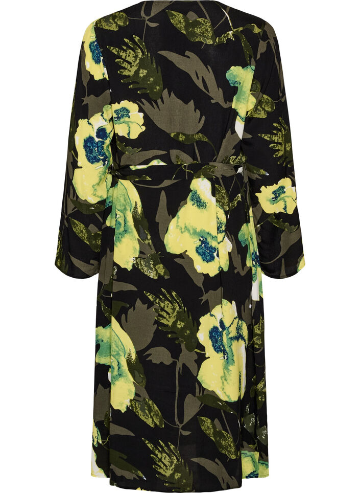 Robe portefeuille fleurie en viscose avec une ceinture &agrave; nouer, Noir, Packshot image number 1