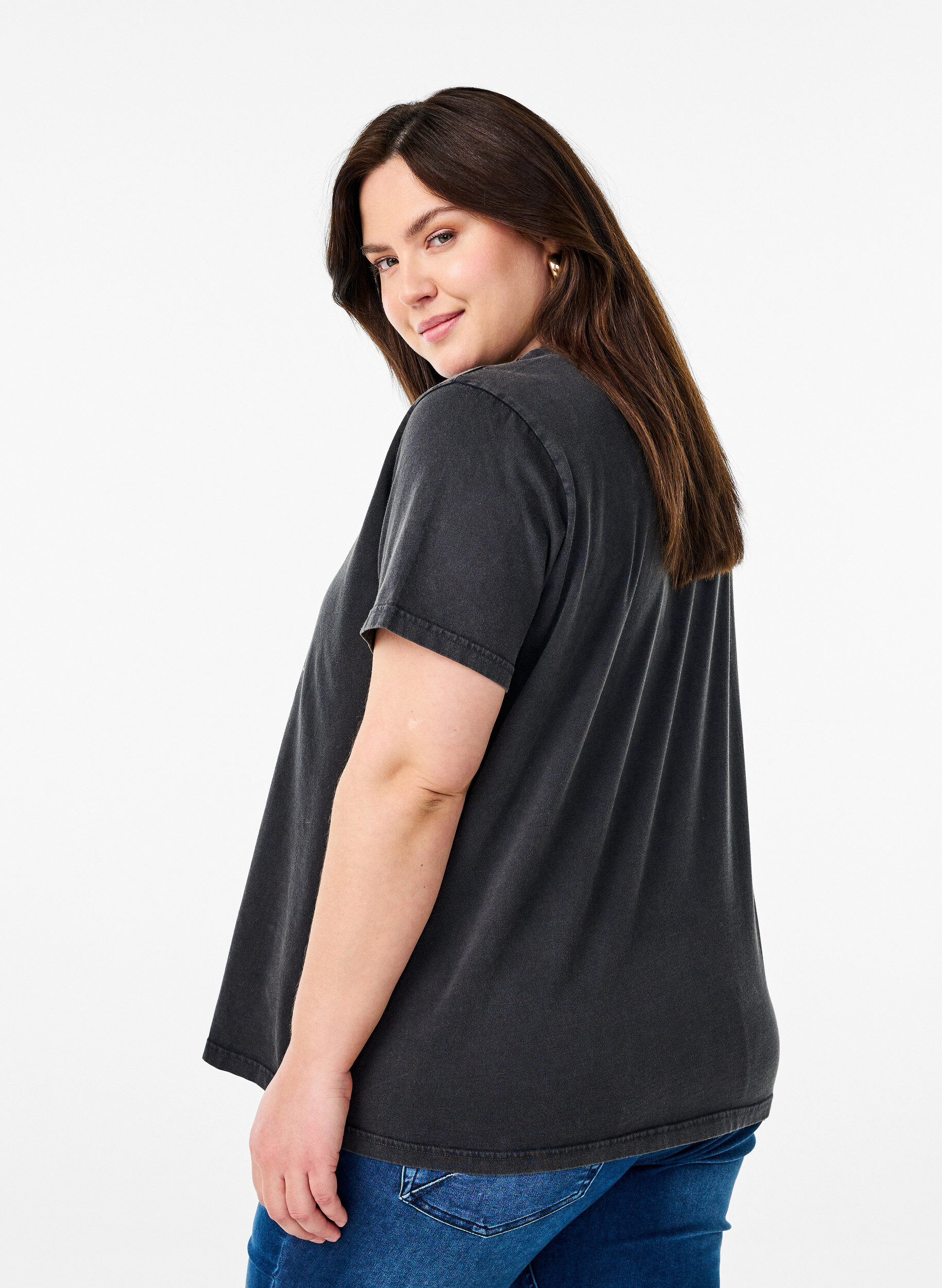 Zizzi T-shirt en coton biologique avec une impression cool, Gris anthracite, Model image number 2