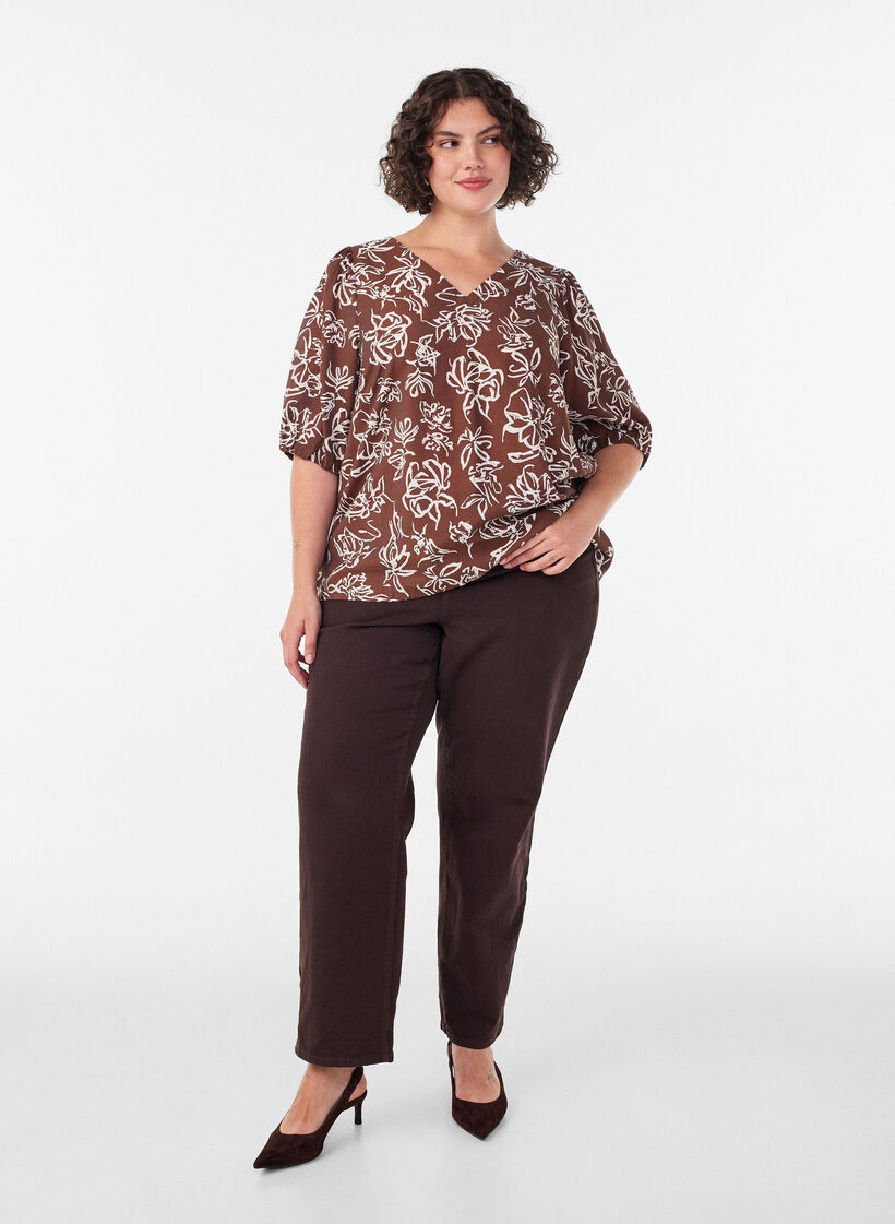 Blouse en viscose avec col en V, Marron, Model image number 1