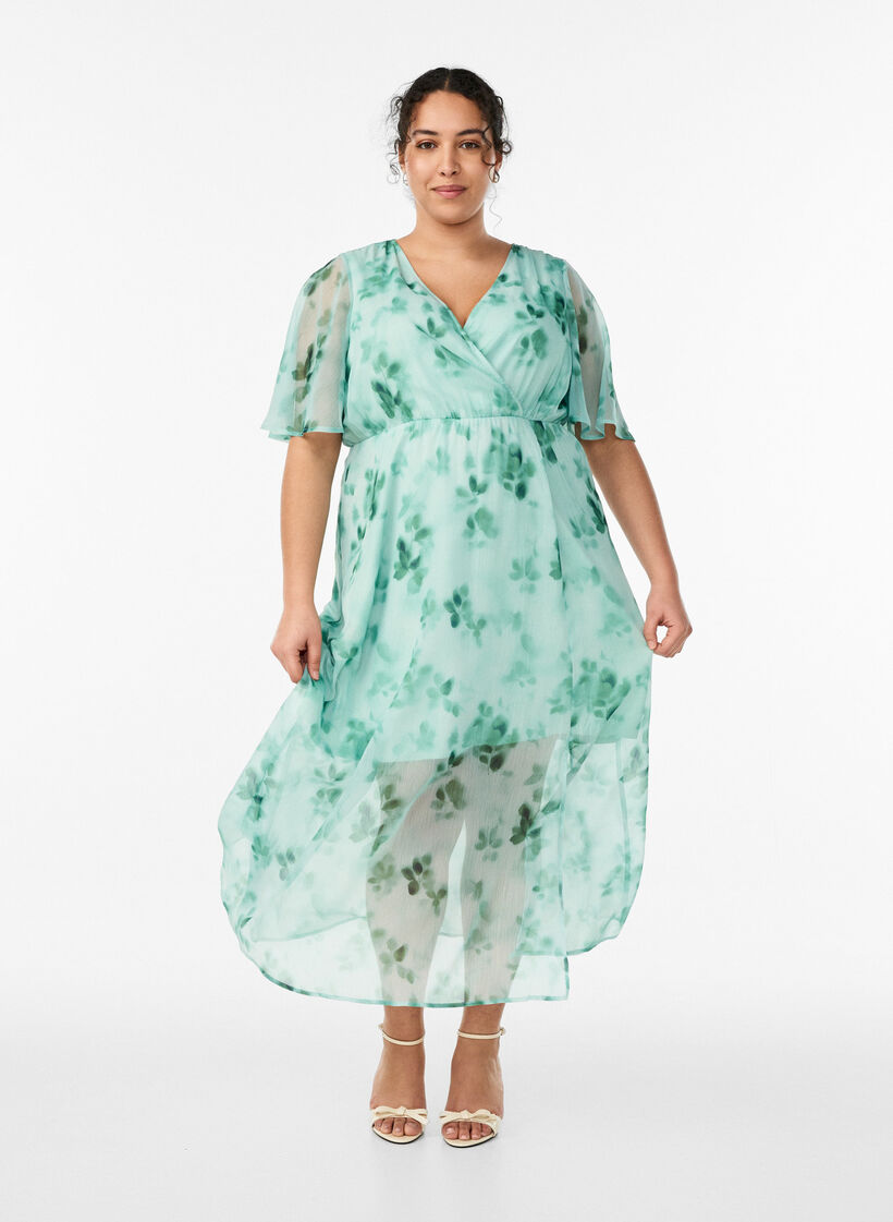 Robe longue en chiffon imprim&eacute; floral et manches courtes, Vert, Model