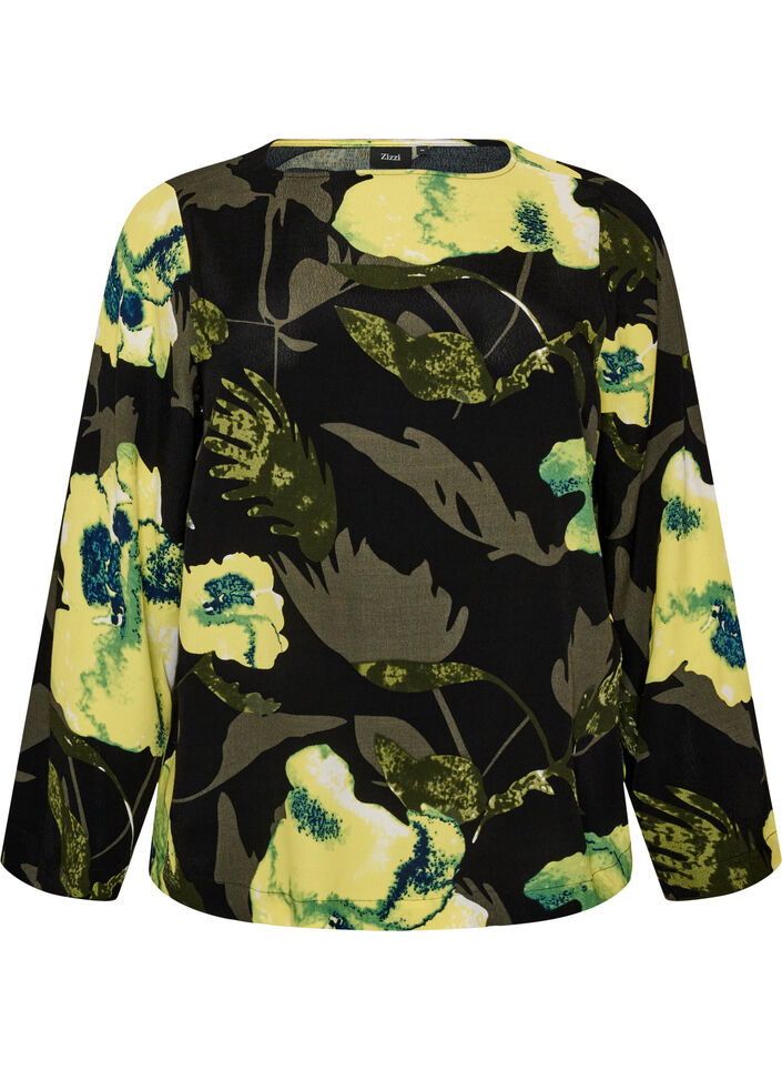 Blouse &agrave; fleurs avec col bateau et manches larges, Noir, Packshot image number 0