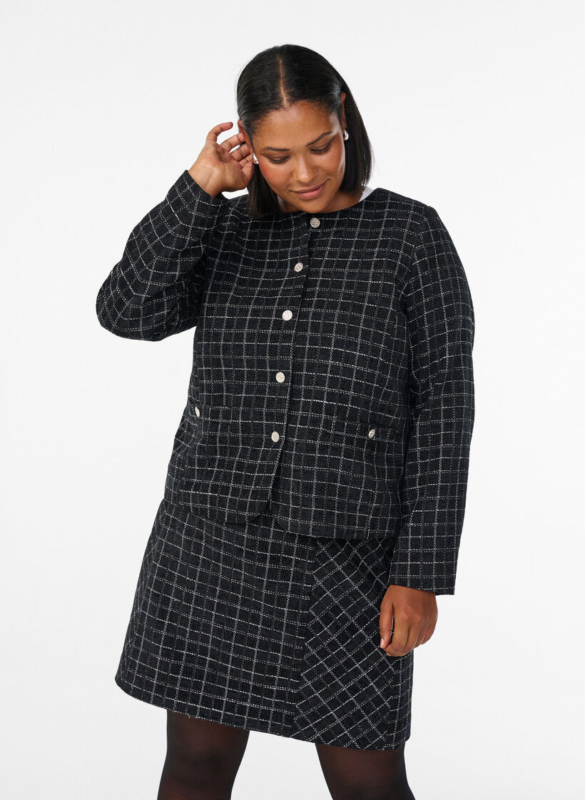 Blazer court en bouclé à carreaux à col rond, Noir, Model image number 0