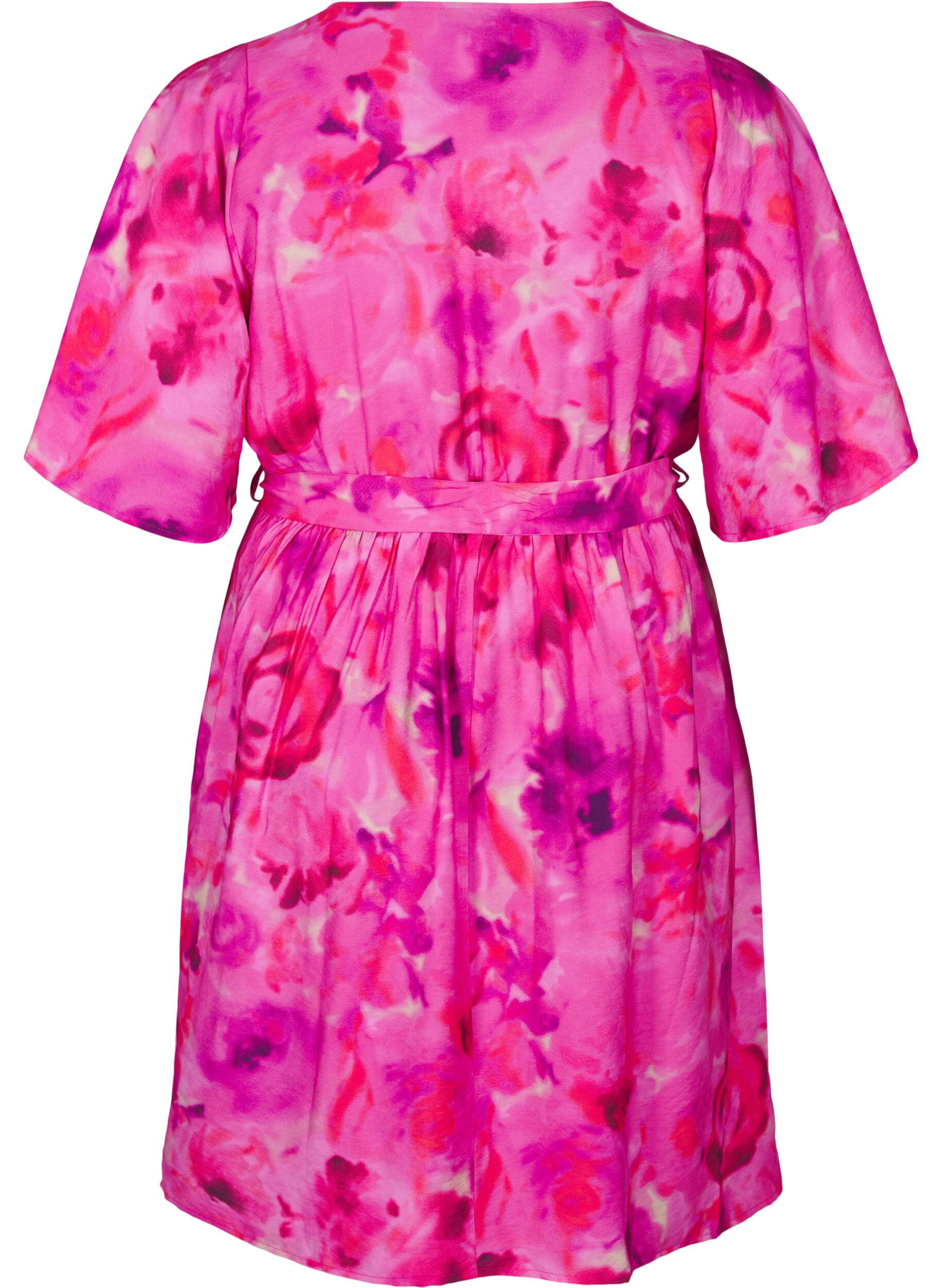 Zizzi Robe portefeuille mi-longue &agrave; imprim&eacute; floral, Pink Rose AOP, Packshot image number 1