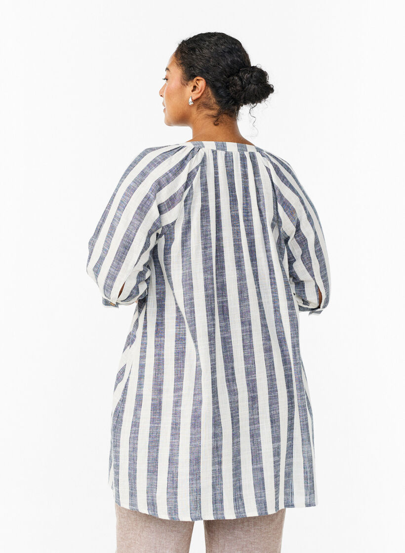 Tunique en coton avec un col en V, Bleu, Model image number 2